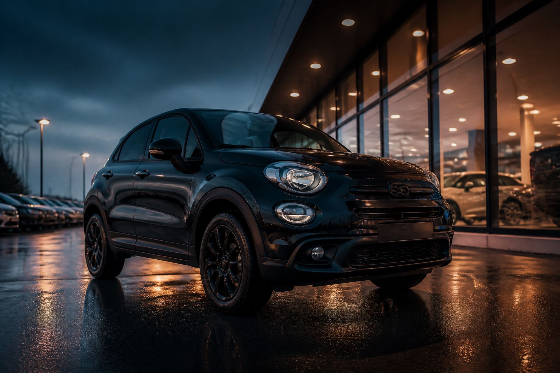 Fiat 500X nera vista di tre quarti anteriore sul piazzale AutoConte al crepuscolo