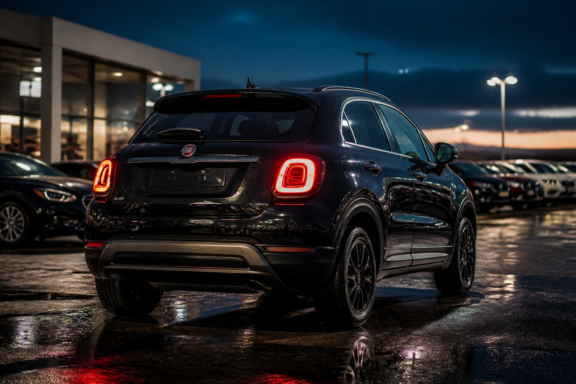 Retro tre quarti della Fiat 500X con fari posteriori accesi e carrozzeria nera lucida
