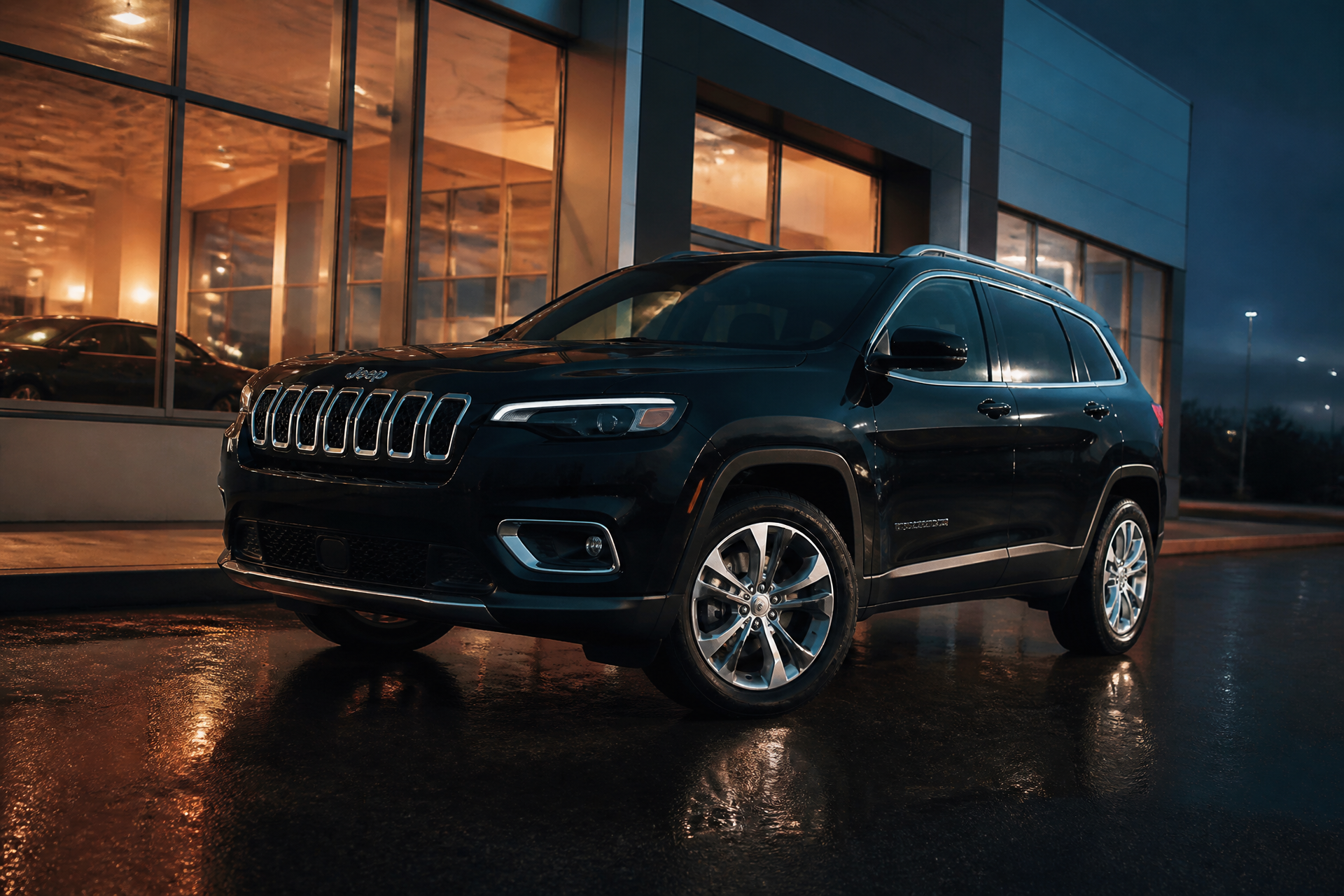Jeep Cherokee Limited nera in tre quarti anteriore con riflessi caldi delle vetrate dello showroom