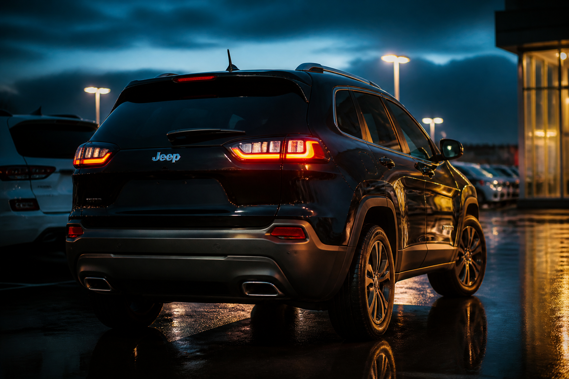 Retro tre quarti della Jeep Cherokee con firma luminosa posteriore accesa sul piazzale notturno