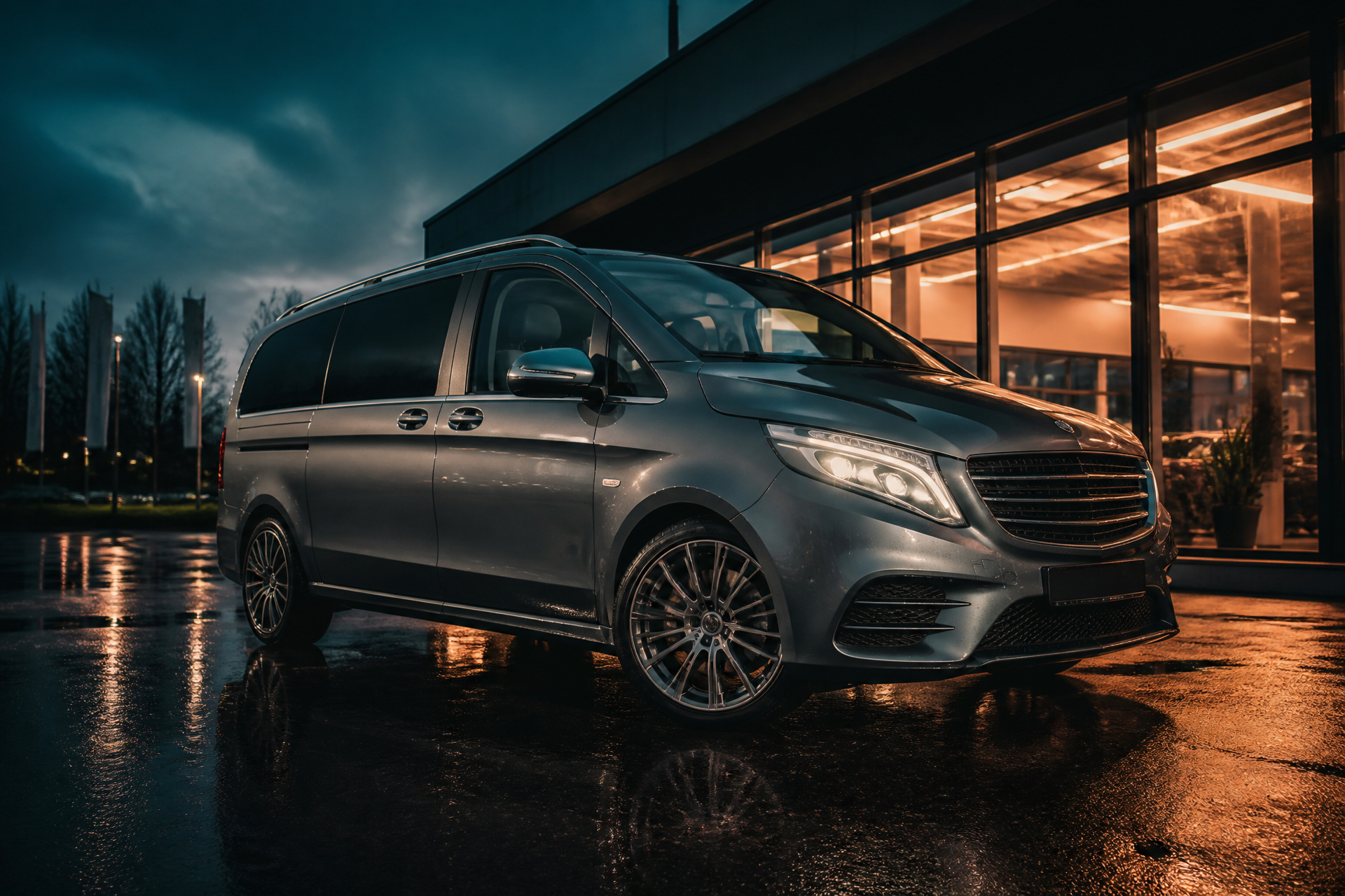 Mercedes-Benz V 250 lungo grigio selenite fotografato sul piazzale AutoConte al crepuscolo