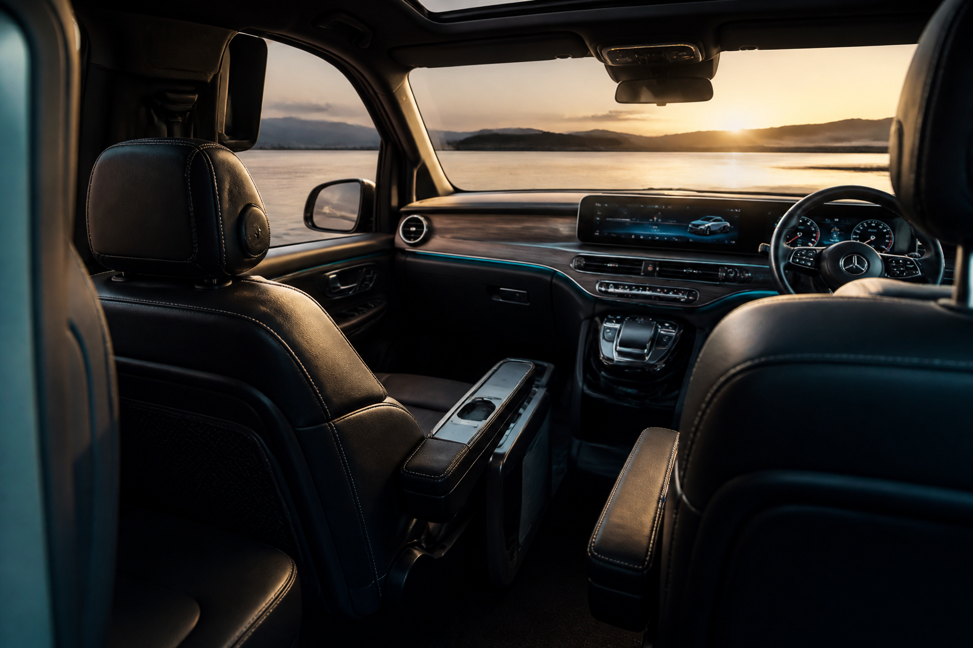Abitacolo del Mercedes V 250 con sedili captain chair in pelle nera e plancia digitale