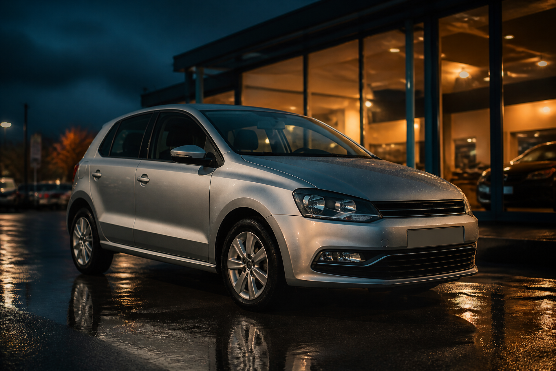 Volkswagen Polo grigio argento fotografata davanti allo showroom AutoConte con riflessi sull'asfalto bagnato