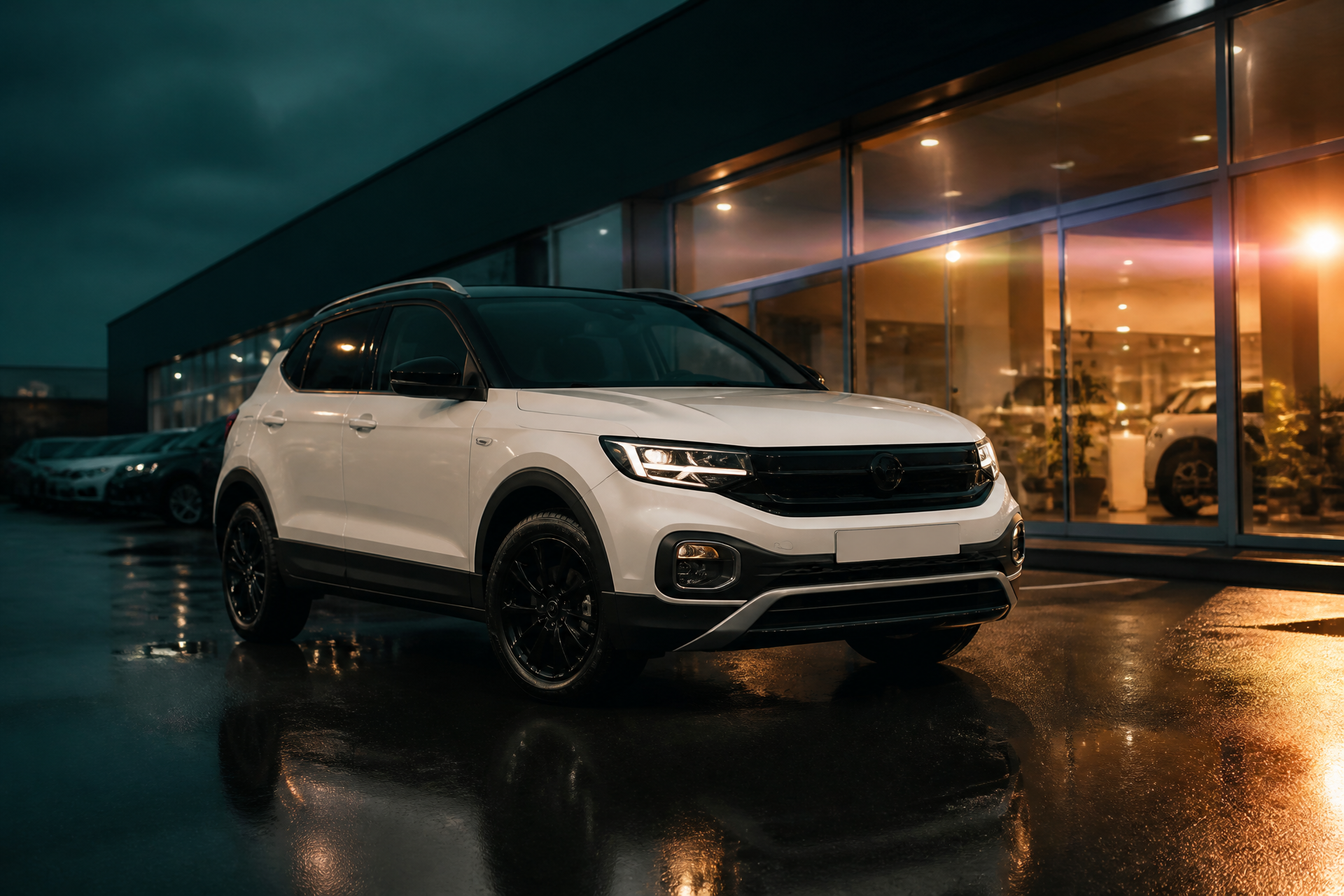 Volkswagen T-Cross bianca con tetto nero fotografata sul piazzale AutoConte con luce calda laterale